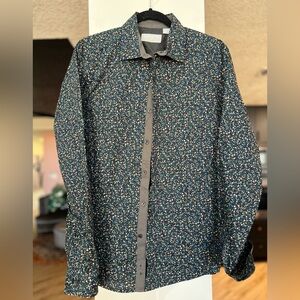 Claiborne Navy Floral Dress Shirt with Cream & Green Blooms